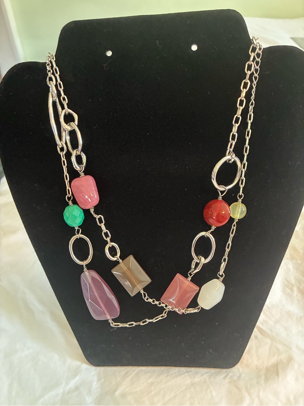 Lia Sophia Multicolor Bead Link Necklace in Pink, Red, Green, Purple, Cream